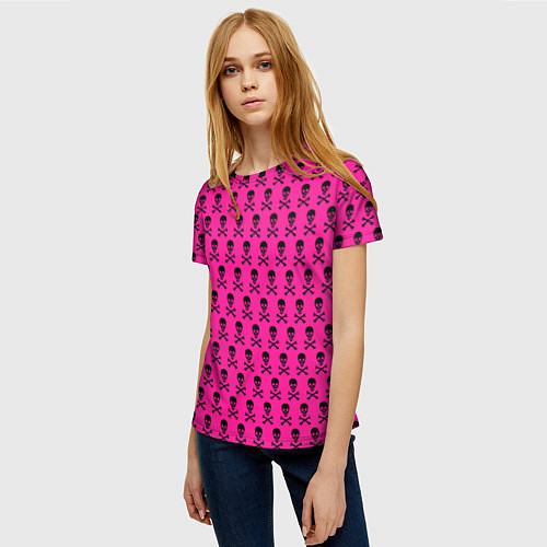 Женская футболка Розовый фон с черепами паттерн / 3D-принт – фото 3