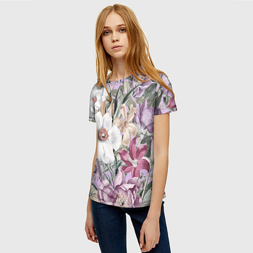 Женская футболка Цветы Фиолетовый Клематис / 3D-принт – фото 3