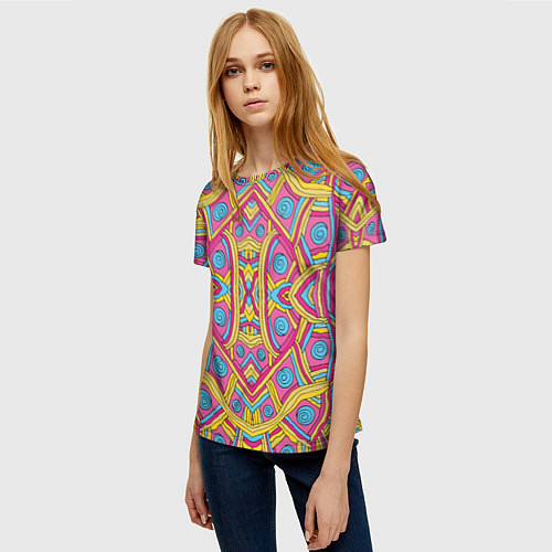 Женская футболка Разноцветный и яркий узор в дудл стиле / 3D-принт – фото 3
