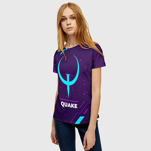 Женская футболка Символ Quake в неоновых цветах на темном фоне / 3D-принт – фото 3