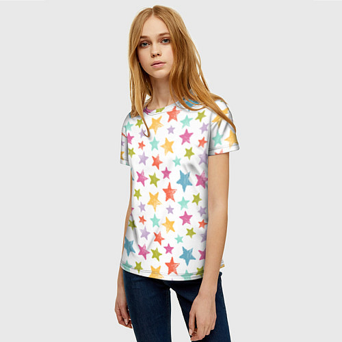 Женская футболка Яркие и разноцветные звезды / 3D-принт – фото 3
