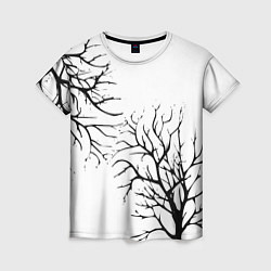 Футболка женская Черные ветки деревьев на белом фоне, цвет: 3D-принт