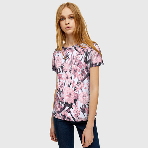 Женская футболка Цветы Розовые Пионы На Светлом Фоне / 3D-принт – фото 3