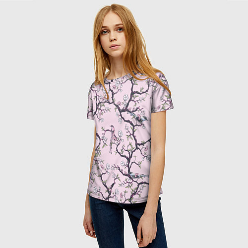 Женская футболка Цветы Сакуры и Птицы На Ветках / 3D-принт – фото 3