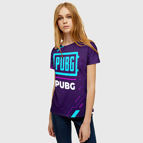 Женская футболка Символ PUBG в неоновых цветах на темном фоне / 3D-принт – фото 3