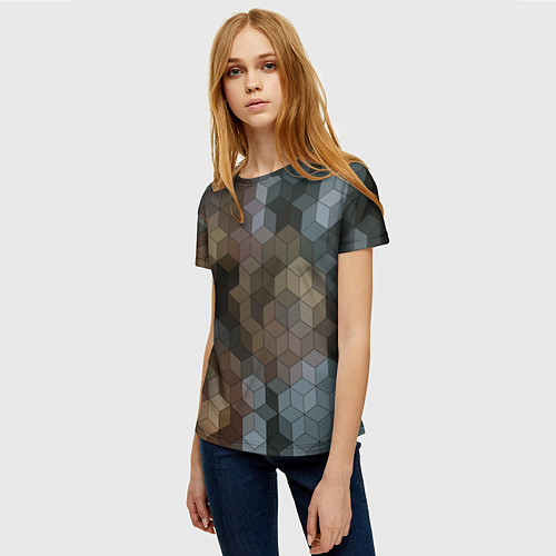 Женская футболка Геометрический 3D узор в серых и коричневых тонах / 3D-принт – фото 3