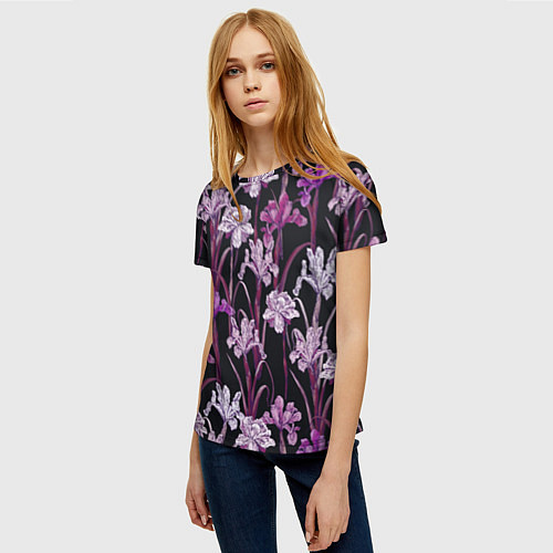 Женская футболка Цветы Фиолетовые Ирисы / 3D-принт – фото 3