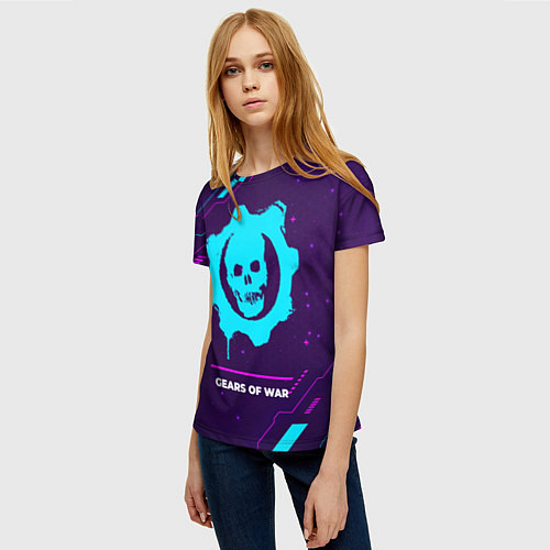 Женская футболка Символ Gears of War в неоновых цветах на темном фо / 3D-принт – фото 3
