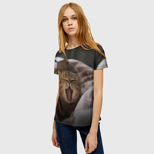 Женская футболка Эх, поспать бы! Зевающий котяра / 3D-принт – фото 3