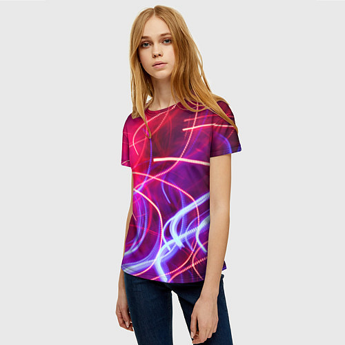 Женская футболка Неоновые линии и фонари - Красный / 3D-принт – фото 3