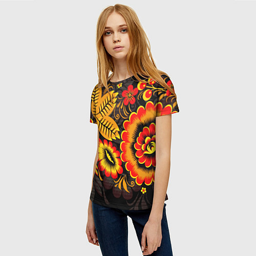 Женская футболка Хохломская Роспись Цветы На Тёмном Фоне / 3D-принт – фото 3