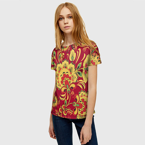 Женская футболка Хохломская Роспись Цветы На красном Фоне / 3D-принт – фото 3