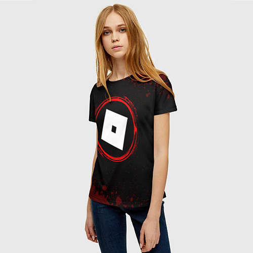 Женская футболка Символ Roblox и краска вокруг на темном фоне / 3D-принт – фото 3