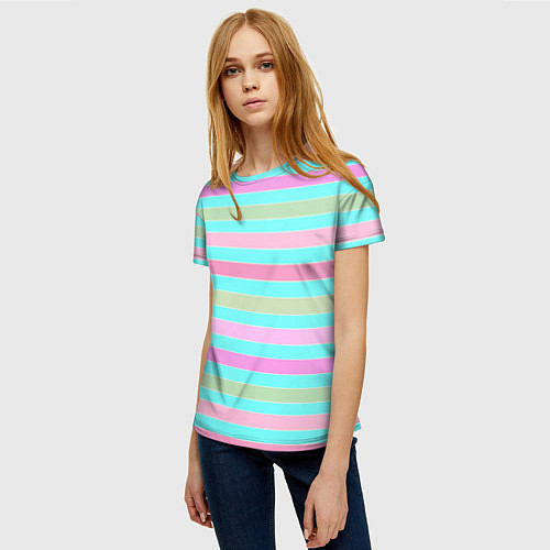 Женская футболка Pink turquoise stripes horizontal Полосатый узор / 3D-принт – фото 3