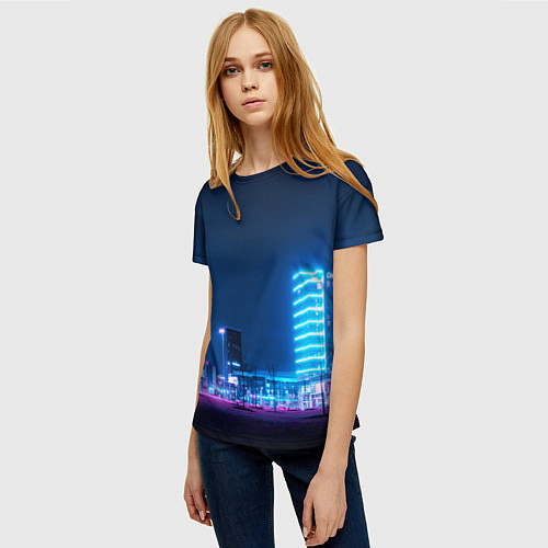 Женская футболка Неоновый ночной город - Светло-синий / 3D-принт – фото 3