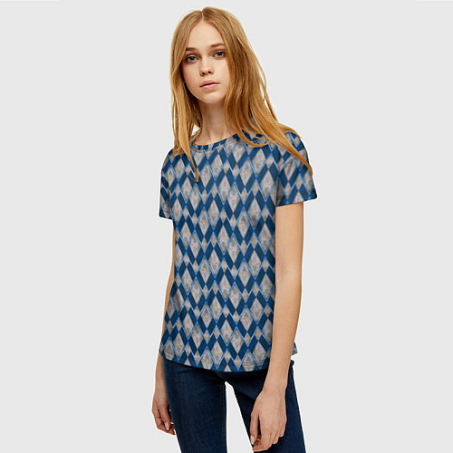 Женская футболка Синие, бежевые ромбы / 3D-принт – фото 3