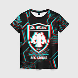 Футболка женская AEK Athens FC в стиле Glitch на темном фоне, цвет: 3D-принт