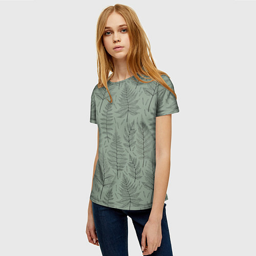 Женская футболка Листья папоротника на зеленом фоне Минимализм / 3D-принт – фото 3