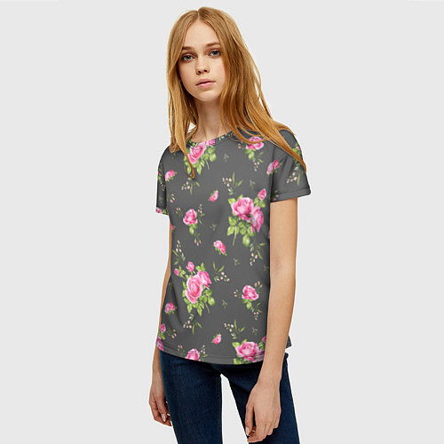Женская футболка Розовые розы на сером фоне / 3D-принт – фото 3
