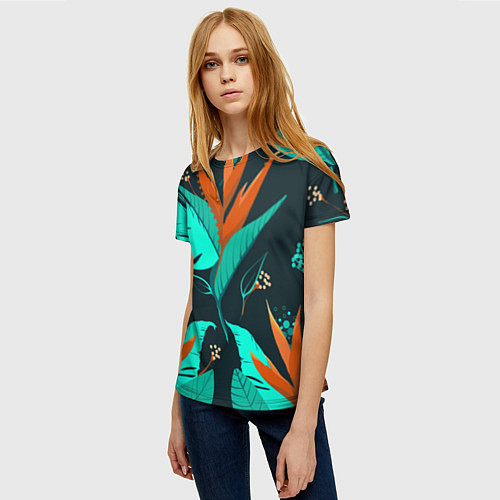Женская футболка Оранжевый цветок с голубыми листами / 3D-принт – фото 3