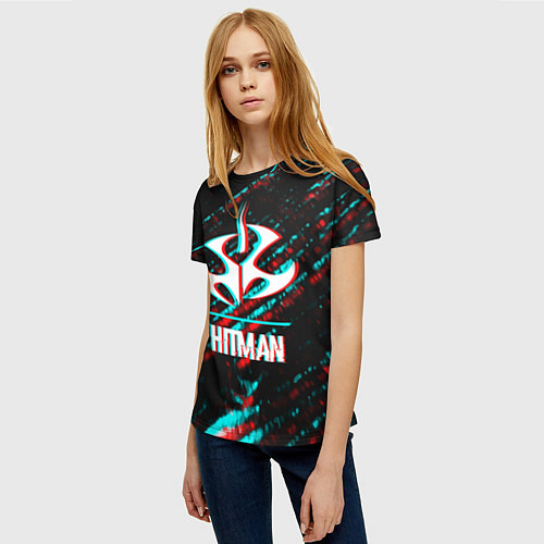 Женская футболка Hitman в стиле Glitch и Баги Графики на темном фон / 3D-принт – фото 3
