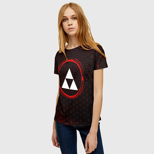 Женская футболка Символ Zelda и краска вокруг на темном фоне / 3D-принт – фото 3