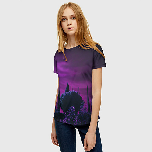 Женская футболка Ночное сияние в тёмном лесу - Фиолетовый / 3D-принт – фото 3