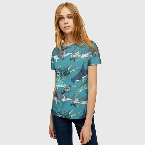 Женская футболка Ныряльщики и акулы - паттерн / 3D-принт – фото 3