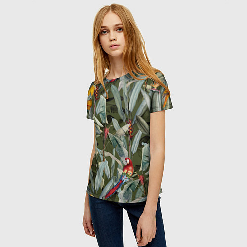 Женская футболка Попугаи и Цветы Зелёные Джунгли / 3D-принт – фото 3