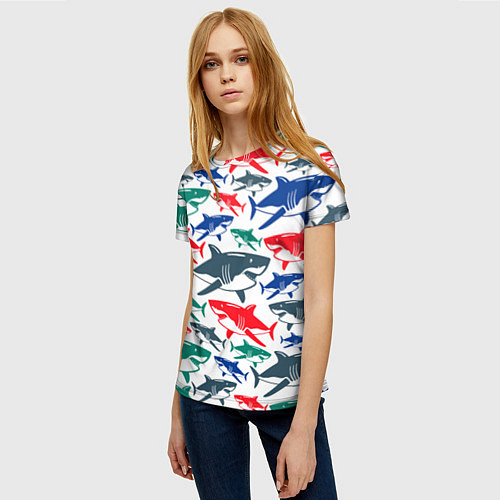 Женская футболка Стая разноцветных акул - паттерн / 3D-принт – фото 3