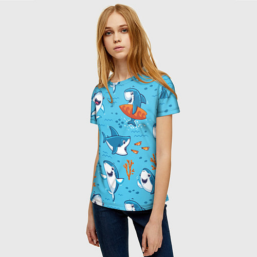 Женская футболка Прикольные акулята - паттерн / 3D-принт – фото 3