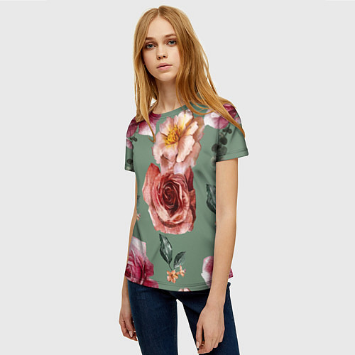 Женская футболка Цветы Нарисованные Розы и Пионы / 3D-принт – фото 3