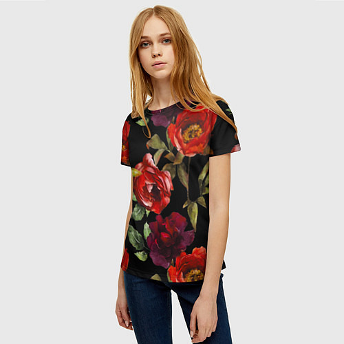 Женская футболка Цветы Нарисованные Розы На Чёрном Фоне / 3D-принт – фото 3