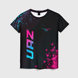Футболка женская UAZ - neon gradient: символ и надпись вертикально, цвет: 3D-принт