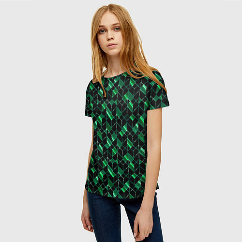 Женская футболка Геометрический узор, зеленые фигуры на черном / 3D-принт – фото 3