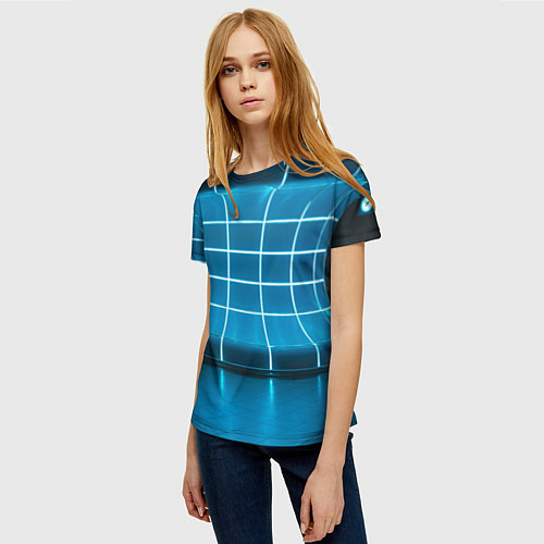 Женская футболка Абстрактная панель неоновых голубых фонарей / 3D-принт – фото 3