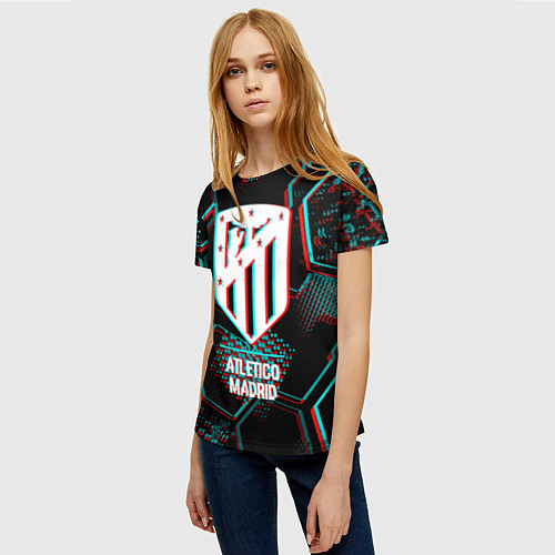 Женская футболка Atletico Madrid FC в стиле glitch на темном фоне / 3D-принт – фото 3