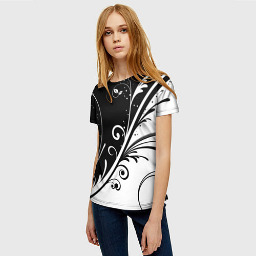 Женская футболка Симметричные чёрно белые цветы Symmetrical black a / 3D-принт – фото 3