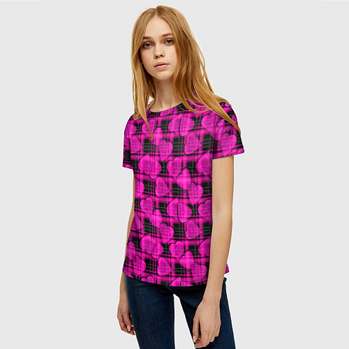 Женская футболка Black and pink hearts pattern on checkered / 3D-принт – фото 3