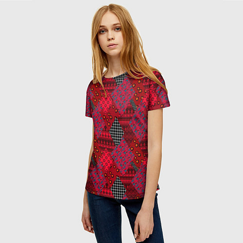Женская футболка Красный лоскутный узор пэчворк / 3D-принт – фото 3