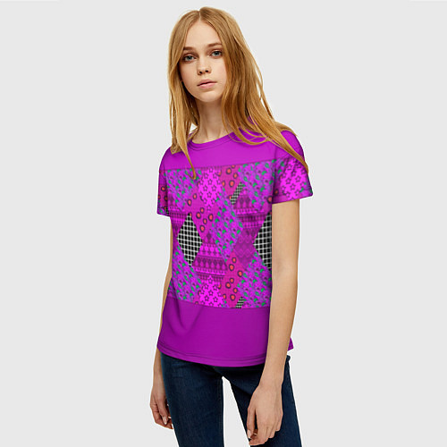 Женская футболка Малиновый комбинированный узор пэчворк / 3D-принт – фото 3