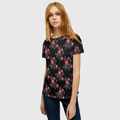 Женская футболка Акварельные розы на черном / 3D-принт – фото 3