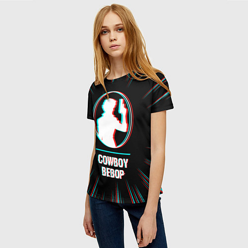 Женская футболка Символ Cowboy Bebop в стиле glitch на темном фоне / 3D-принт – фото 3