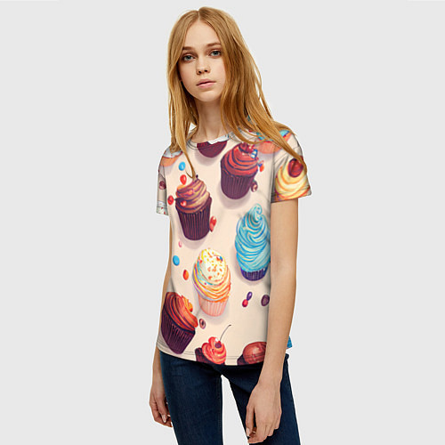 Женская футболка Капкейки на разный вкус / 3D-принт – фото 3