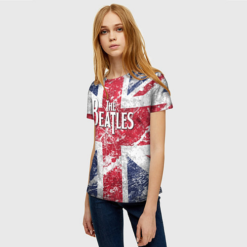 Женская футболка The Beatles - лого на фоне флага Великобритании / 3D-принт – фото 3