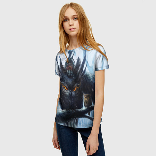 Женская футболка Сова, сидящая на ветке / 3D-принт – фото 3