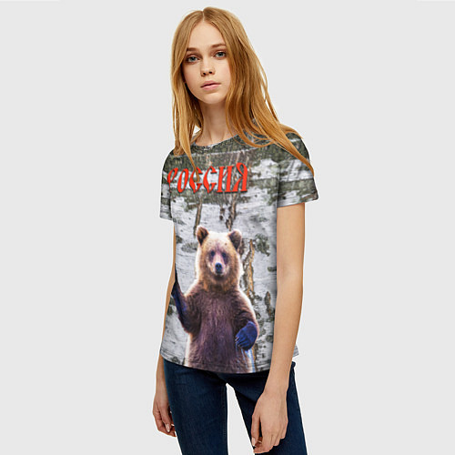 Женская футболка Российский медведь на фоне берёзы / 3D-принт – фото 3
