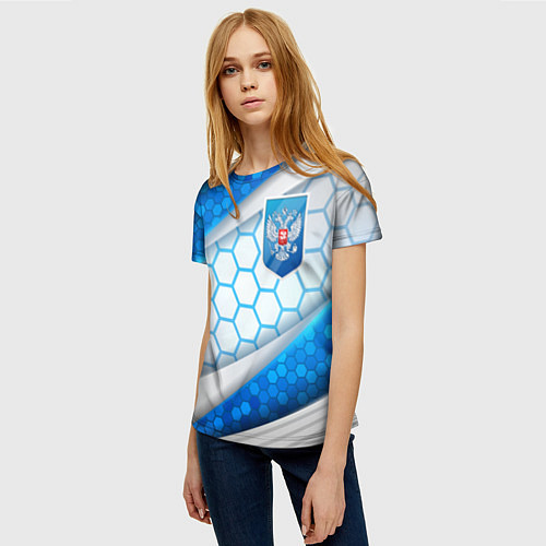 Женская футболка Синий герб России на объемном фоне / 3D-принт – фото 3