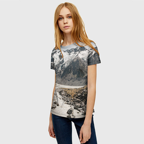 Женская футболка Горы и река с камнями / 3D-принт – фото 3