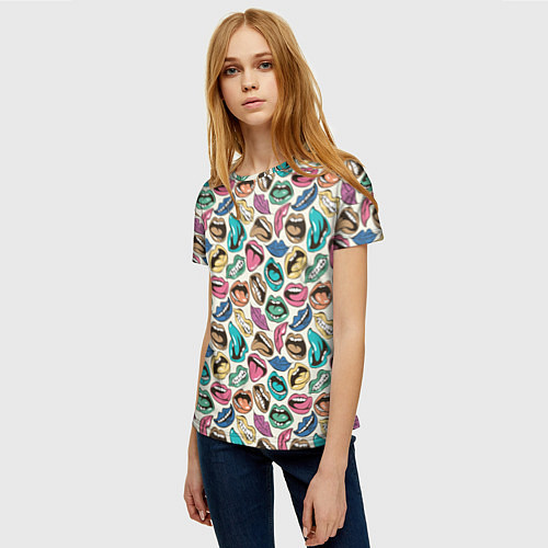 Женская футболка Губы разноцветные поп арт / 3D-принт – фото 3